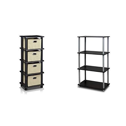 Furinno LACi 4-Bins System Rack, 11.3(W) x 28.8(H) Inch, Espresso/Black & (99557BK/GY) Turn-N-Tube 4-Tier Multipurpose Shelf Display Rack - Black/Grey