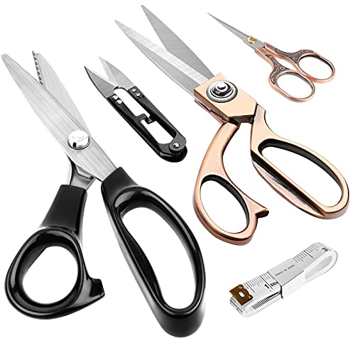 SEBIDER Sewing Pinking Shears Fabric Scissors Set Tailor Scissors Kit Dressmaker Zig Zag Shears Embroidery Scissors Thread Snips Measuring Tape, for Quilting Needlework Handicraft Scissors(5PCS)