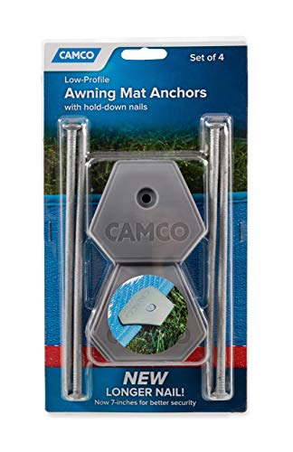 Camco 45633 RV Awning Mat Anchors - Safely Secure Your Awning Mat in Place - Set of 4 with 7-Inch Hold-Down Nails, Gray