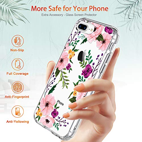 GiiKa iPhone 8 Plus Case, iPhone 7 Plus Case with Screen Protector, Clear Heavy Duty Protective Case Floral Girls Women Hard PC Case with TPU Bumper Cover Phone Case for iPhone 8 Plus, Small Flowers