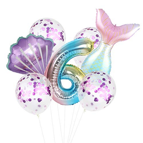 7pcs Mermaid Balloons Number Balloons for 1st 2nd 3rd Birthday Party Girls' Mermaid Tail Decoration Supplies (6 Number)