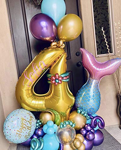 7pcs Mermaid Balloons Number Balloons for 1st 2nd 3rd Birthday Party Girls' Mermaid Tail Decoration Supplies (6 Number)