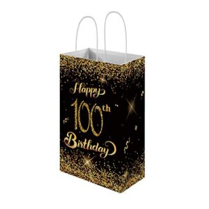 happy 100th birthday gift bags with handle, 12-pack gold and black 100 years party favor bags for guests, paper treat bag, present wrap, decorations