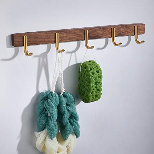 Generic Wall Mounted Coat Rack 5-Tri Hooks, Heavy Duty, Metal Coat Hooks Rail for Coat Hat Towel Purse Robes Mudroom Bathroom Entryway, Matt Gold with Walnut 101-5