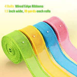 4 Rolls Easter Burlap Wired Ribbons, Solid Wired Edge Ribbon, Wrapping Burlap Ribbon, Burlap Wired Ribbon for Wreaths Home Decor DIY Crafts (Blue, Light Green, Light Yellow, Pink,1-1/2 Inch)