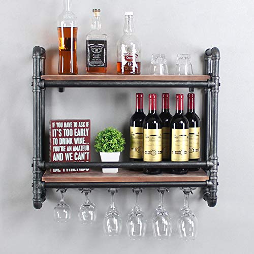 Industrial Pipe Wall Mounted Wine Racks with 5 Stem Glass Holders for Wine Glasses,2-Tier Storage Wood Shelves,Mugs Rack,Bottle & Glass Holder,Wine Storage Display Rack,Home Décor