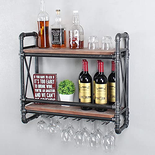 Industrial Pipe Wall Mounted Wine Racks with 5 Stem Glass Holders for Wine Glasses,2-Tier Storage Wood Shelves,Mugs Rack,Bottle & Glass Holder,Wine Storage Display Rack,Home Décor