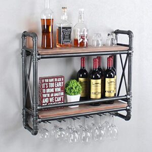 Industrial Pipe Wall Mounted Wine Racks with 5 Stem Glass Holders for Wine Glasses,2-Tier Storage Wood Shelves,Mugs Rack,Bottle & Glass Holder,Wine Storage Display Rack,Home Décor