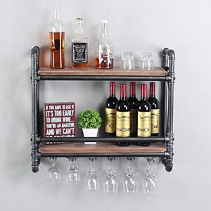 Industrial Pipe Wall Mounted Wine Racks with 5 Stem Glass Holders for Wine Glasses,2-Tier Storage Wood Shelves,Mugs Rack,Bottle & Glass Holder,Wine Storage Display Rack,Home Décor