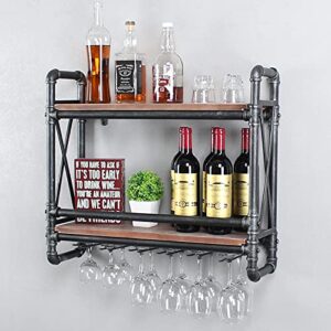 Industrial Pipe Wall Mounted Wine Racks with 5 Stem Glass Holders for Wine Glasses,2-Tier Storage Wood Shelves,Mugs Rack,Bottle & Glass Holder,Wine Storage Display Rack,Home Décor