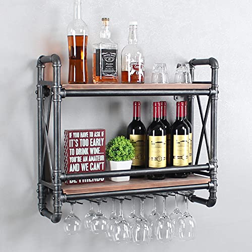 Industrial Pipe Wall Mounted Wine Racks with 5 Stem Glass Holders for Wine Glasses,2-Tier Storage Wood Shelves,Mugs Rack,Bottle & Glass Holder,Wine Storage Display Rack,Home Décor