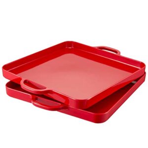 hsdt square serving trays with handles melamine red 12.5x12.5 inch spill proof kitchen eating trays set of 2 for cafeteria cafe food appeizer dessert snack dinner lunch breakfast,tr17-02