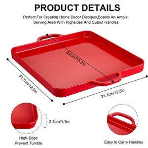 HSDT Square Serving Trays with Handles Melamine Red 12.5x12.5 Inch Spill Proof Kitchen Eating Trays Set of 2 for Cafeteria Cafe Food Appeizer Dessert Snack Dinner Lunch Breakfast,TR17-02