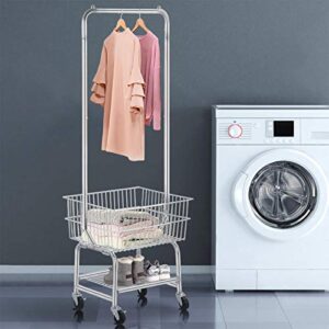 Yaheetech Wire Commercial Rolling Laundry Cart Bulter Garment Rack,Laundry Butler Storage Rack,w/Hanging Drying Rack Wash Basket/Bag Mesh Collapsible Racks on Wheels