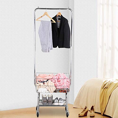 Yaheetech Wire Commercial Rolling Laundry Cart Bulter Garment Rack,Laundry Butler Storage Rack,w/Hanging Drying Rack Wash Basket/Bag Mesh Collapsible Racks on Wheels