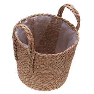 yardwe 1pc woven linen flower basket with plastic film seagrass storage basket with handles handwoven storage bin plant holders ( light brown )