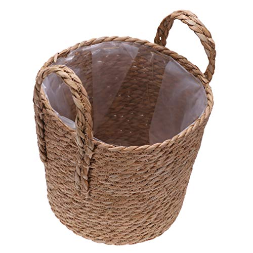 YARDWE 1Pc Woven Linen Flower Basket with Plastic Film Seagrass Storage Basket with Handles Handwoven Storage Bin Plant Holders ( Light Brown )