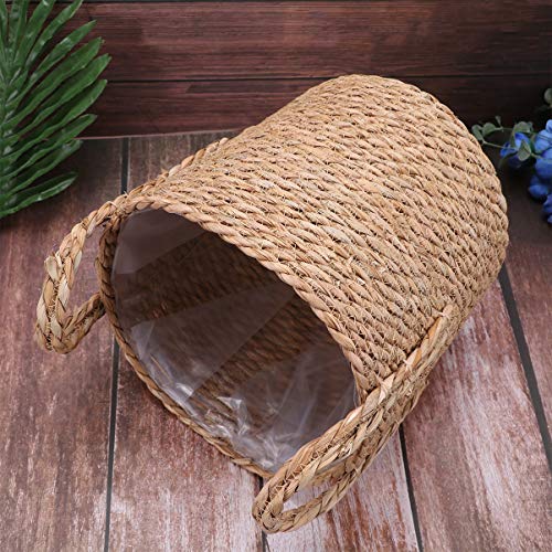 YARDWE 1Pc Woven Linen Flower Basket with Plastic Film Seagrass Storage Basket with Handles Handwoven Storage Bin Plant Holders ( Light Brown )