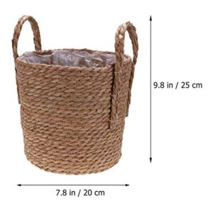 YARDWE 1Pc Woven Linen Flower Basket with Plastic Film Seagrass Storage Basket with Handles Handwoven Storage Bin Plant Holders ( Light Brown )