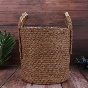 YARDWE 1Pc Woven Linen Flower Basket with Plastic Film Seagrass Storage Basket with Handles Handwoven Storage Bin Plant Holders ( Light Brown )