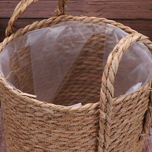 YARDWE 1Pc Woven Linen Flower Basket with Plastic Film Seagrass Storage Basket with Handles Handwoven Storage Bin Plant Holders ( Light Brown )