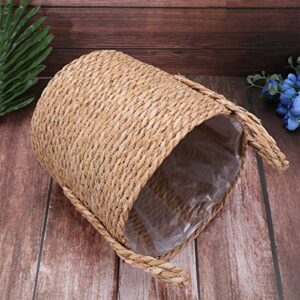 YARDWE 1Pc Woven Linen Flower Basket with Plastic Film Seagrass Storage Basket with Handles Handwoven Storage Bin Plant Holders ( Light Brown )