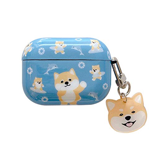 BONICI Protective Case Compatible with AirPods Pro, Cute Lovely Happy Yellow Shiba Inu Dog Puppy Theme Round Corners Soft IMD Cover Case Earbud Earphone Wireless Charging Blue Case +Dog Keychain