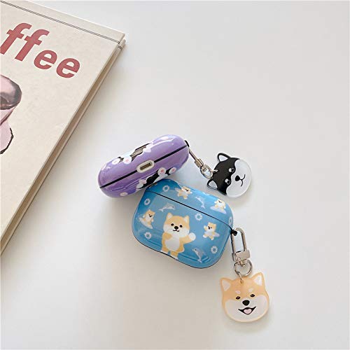 BONICI Protective Case Compatible with AirPods Pro, Cute Lovely Happy Yellow Shiba Inu Dog Puppy Theme Round Corners Soft IMD Cover Case Earbud Earphone Wireless Charging Blue Case +Dog Keychain