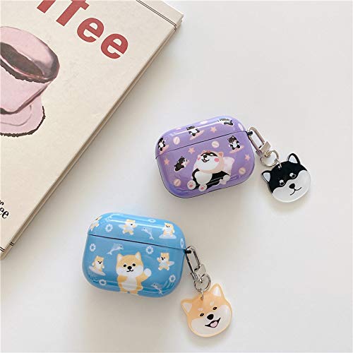 BONICI Protective Case Compatible with AirPods Pro, Cute Lovely Happy Yellow Shiba Inu Dog Puppy Theme Round Corners Soft IMD Cover Case Earbud Earphone Wireless Charging Blue Case +Dog Keychain