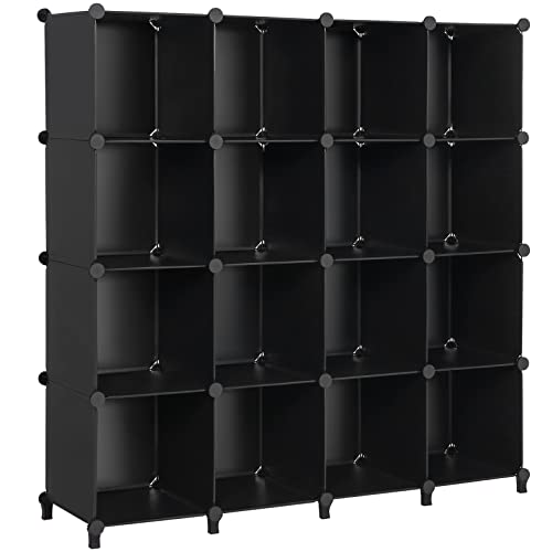 ANWBROAD Cube Storage Organizer, 16-Cube Cubby Shelving Book Shelf Living Room, Closet Clothes Organizers, Kids Toys Craft Yarn Storage with Rubber Hammer for Bedroom Office Black ULCS016B