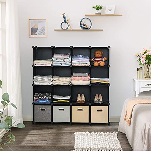 ANWBROAD Cube Storage Organizer, 16-Cube Cubby Shelving Book Shelf Living Room, Closet Clothes Organizers, Kids Toys Craft Yarn Storage with Rubber Hammer for Bedroom Office Black ULCS016B