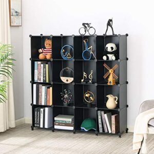 ANWBROAD Cube Storage Organizer, 16-Cube Cubby Shelving Book Shelf Living Room, Closet Clothes Organizers, Kids Toys Craft Yarn Storage with Rubber Hammer for Bedroom Office Black ULCS016B