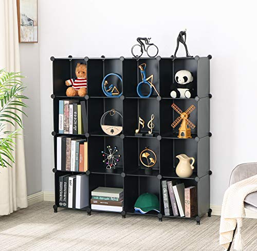 ANWBROAD Cube Storage Organizer, 16-Cube Cubby Shelving Book Shelf Living Room, Closet Clothes Organizers, Kids Toys Craft Yarn Storage with Rubber Hammer for Bedroom Office Black ULCS016B