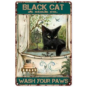 funny bathroom quote metal tin sign wall decor - vintage black cat wash your paws tin sign for office/home/classroom bathroom decor gifts - best farmhouse decor gift for women men friends - 8x12 inch