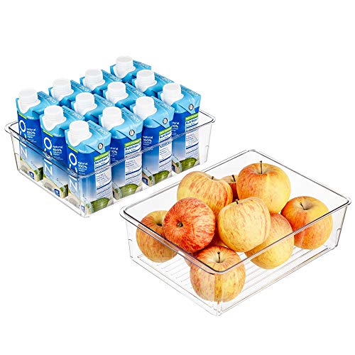 Slideep Kitchen Freezer Food Storage Bin, Plastic Refrigerator Organizer Fridge Storage Containers for Fruit, Yogurt, Snacks, Pasta 11'' 2 Pack