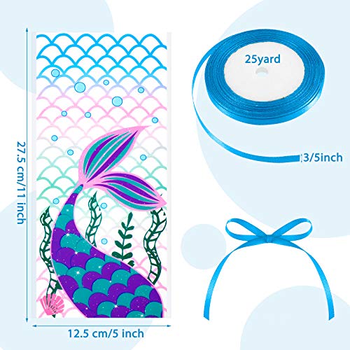 100 Pieces Mermaid Cellophane Bags Mermaid Tail Themed Treat Favor Bags Transparent Cello Bags with Blue Ribbon Cookie Chocolate Candy Goody Bags for Party, Carnival