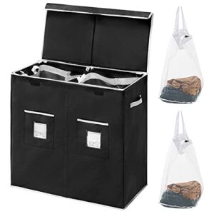 fiona's magic double laundry hamper with lid, dirty clothes laundry basket with 2 removable liner bags, divided laundry hamper 2 section for bedroom, laundry room, bathroom black & grey