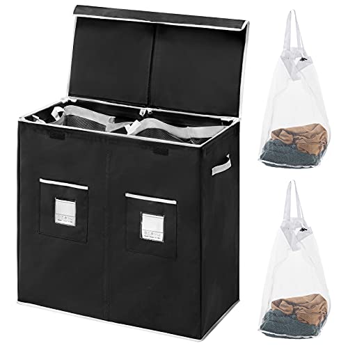 Fiona's magic Double Laundry Hamper with Lid, Dirty Clothes Laundry Basket with 2 Removable Liner Bags, Divided Laundry Hamper 2 Section for Bedroom, Laundry Room, Bathroom Black & Grey