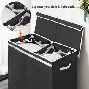 Fiona's magic Double Laundry Hamper with Lid, Dirty Clothes Laundry Basket with 2 Removable Liner Bags, Divided Laundry Hamper 2 Section for Bedroom, Laundry Room, Bathroom Black & Grey