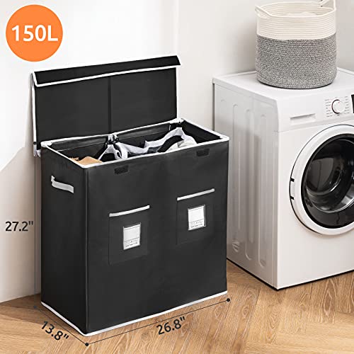 Fiona's magic Double Laundry Hamper with Lid, Dirty Clothes Laundry Basket with 2 Removable Liner Bags, Divided Laundry Hamper 2 Section for Bedroom, Laundry Room, Bathroom Black & Grey