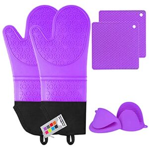 silicone oven mitts and pot holders set, mtzrfll extra long heat resistant oven gloves with hot pads and mini oven mittens for grilling, kitchen cooking baking, soft quilted lining, pack of 6 (purple)