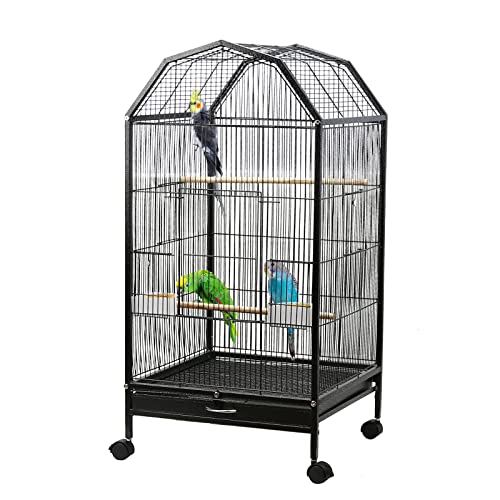 Ibnotuiy Parakeet Bird Cage with Rolling Stand Metal Pet Bird Flight Cages Large for Conure Canary Parekette Macaw Finch Cockatoo Budgie Cockatiels Parrot,Perches Catch Tray Included,Black