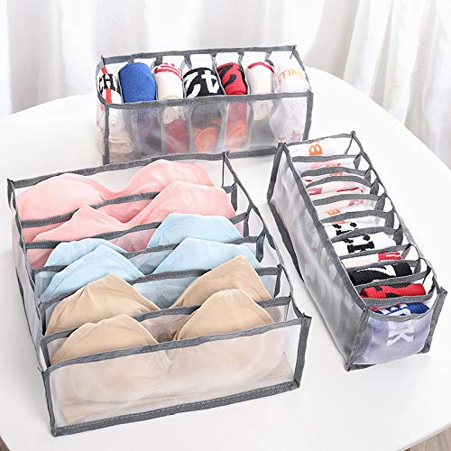 Butishop 6 Pcs Underwear Drawer Organizer Foldable Closet Clothes Dividers Nylon Dresser Compartments Storage Box Set Fit for Bras Socks Underpants Panties and Ties Organization(Grey, 6/7/11)