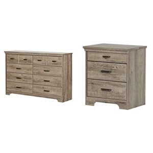 south shore versa collection 8-drawer double dresser, weathered oak with antique handles & shore versa nightstand with 2 drawers and charging station, weathered oak