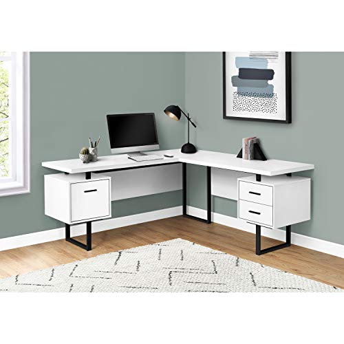 Monarch Specialties 7616 Computer Desk, Home Office, Corner, Left, Right Set-up, Storage Drawers, 70" L, L Shape, Work, Laptop, Metal, Laminate, White, Black Desk-70 R Face, 71" L x 71" W x 30" H