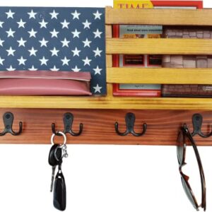 American Flag Key Holder & Organizer with Shelf for Wall. Crafted of Natural Fir Wood, Hand Painted in Patriotic Red, White, Blue. Unique Design, Decor Accent for Entry, Office, Living Room, Bedroom