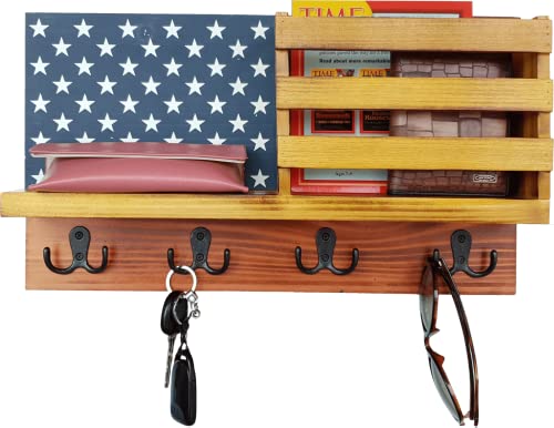 American Flag Key Holder & Organizer with Shelf for Wall. Crafted of Natural Fir Wood, Hand Painted in Patriotic Red, White, Blue. Unique Design, Decor Accent for Entry, Office, Living Room, Bedroom