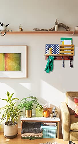 American Flag Key Holder & Organizer with Shelf for Wall. Crafted of Natural Fir Wood, Hand Painted in Patriotic Red, White, Blue. Unique Design, Decor Accent for Entry, Office, Living Room, Bedroom