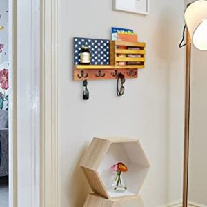 American Flag Key Holder & Organizer with Shelf for Wall. Crafted of Natural Fir Wood, Hand Painted in Patriotic Red, White, Blue. Unique Design, Decor Accent for Entry, Office, Living Room, Bedroom