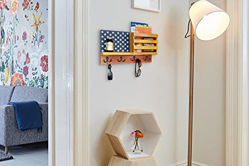 American Flag Key Holder & Organizer with Shelf for Wall. Crafted of Natural Fir Wood, Hand Painted in Patriotic Red, White, Blue. Unique Design, Decor Accent for Entry, Office, Living Room, Bedroom